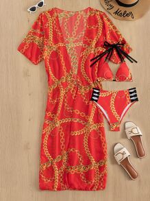 3packs Chain Print Triangle Halter Bikini Set & Kimono, For Summer Beach Vacation - Multicolor - View 6