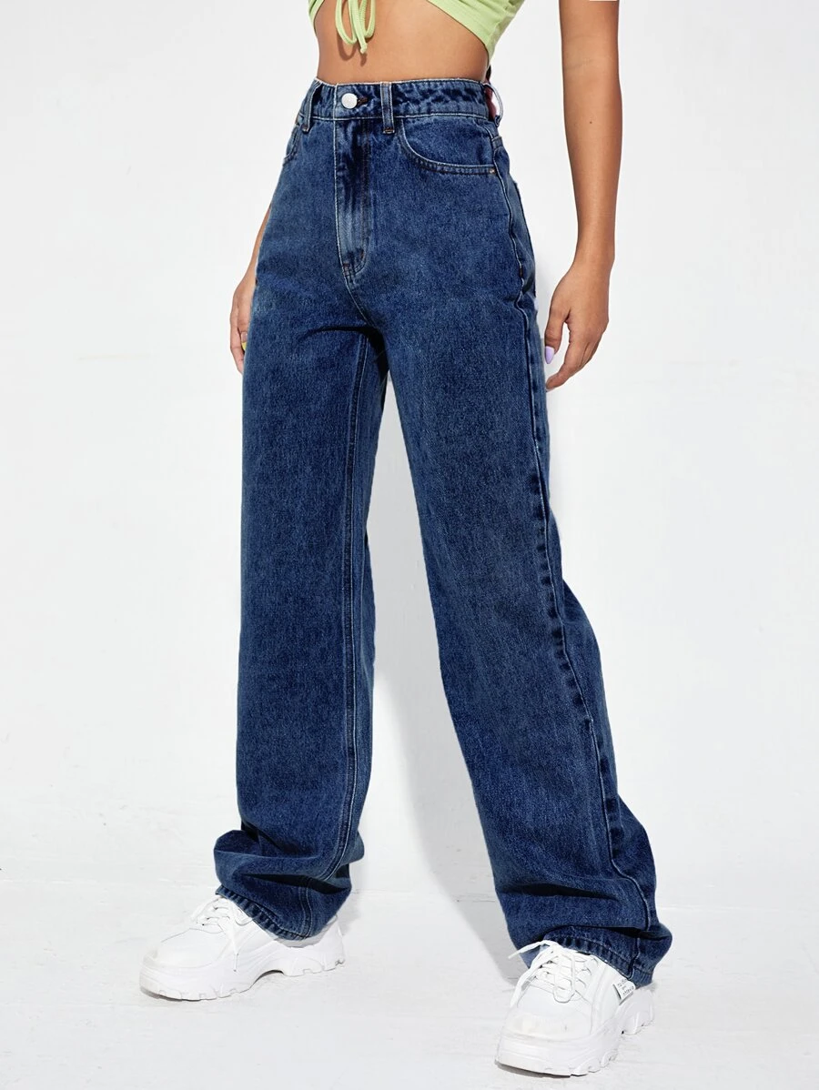 SHEIN EZwear Quần jean Nút Túi Dây kéo màu trơn - Rửa tối - Xem 1