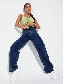 SHEIN EZwear Quần jean Nút Túi Dây kéo màu trơn - Rửa tối - Xem 5