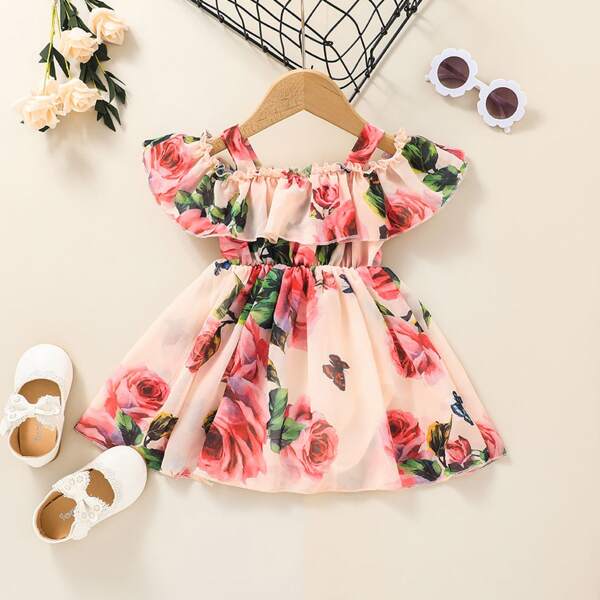 

Baby Girl Floral Cold Shoulder Ruffle Trim A-line Dress, Coral pink