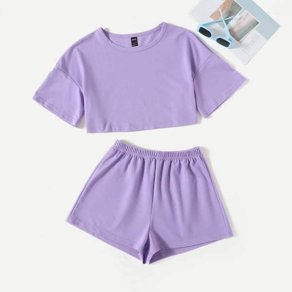 

Solid Drop Shoulder Crop Tee & Shorts, Lilac purple