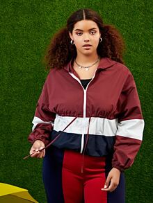 SHEIN Plus Colorblock Drawstring Waist Zip Up Hoodie - Multicolor - View 2