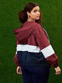 SHEIN Plus Colorblock Drawstring Waist Zip Up Hoodie - Multicolor - View 3