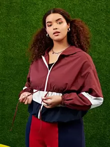 SHEIN Plus Colorblock Drawstring Waist Zip Up Hoodie - Multicolor - View 1
