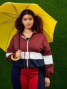 SHEIN Plus Colorblock Drawstring Waist Zip Up Hoodie - Multicolor - View 4