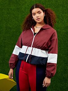 SHEIN Plus Colorblock Drawstring Waist Zip Up Hoodie - Multicolor - View 5