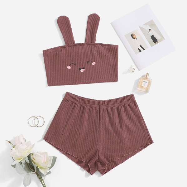 

Waffle Knit Cartoon Patched Bow Detail PJ Set, Coffee brown