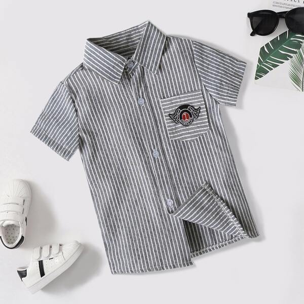 

Toddler Boys Striped Print Patched Detail Button Up Shirt, Grey