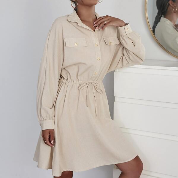 

Dolman Sleeve Half Button Drawstring Waist Shirt Dress, Khaki