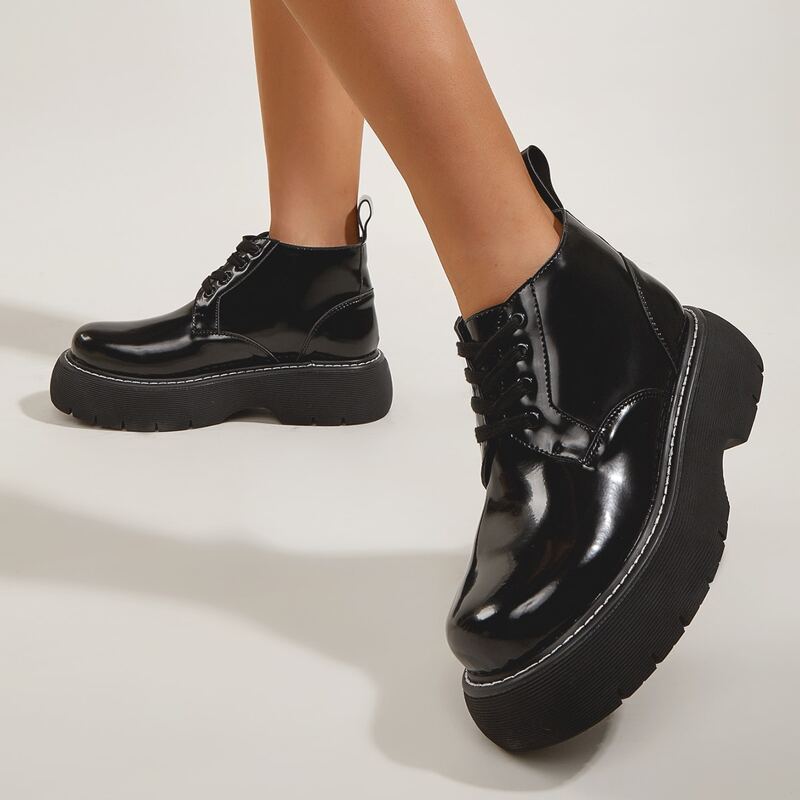 

Lace-up Front Flatform Combat Boots, Black