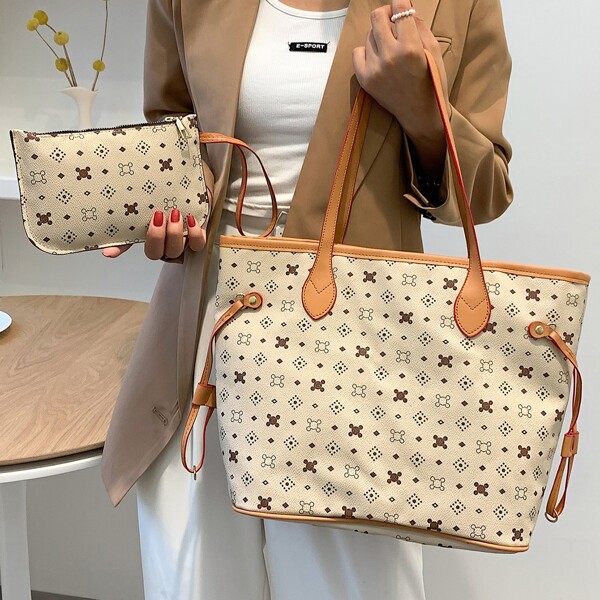 

Geo Graphic Tote Bag With Purse, Beige