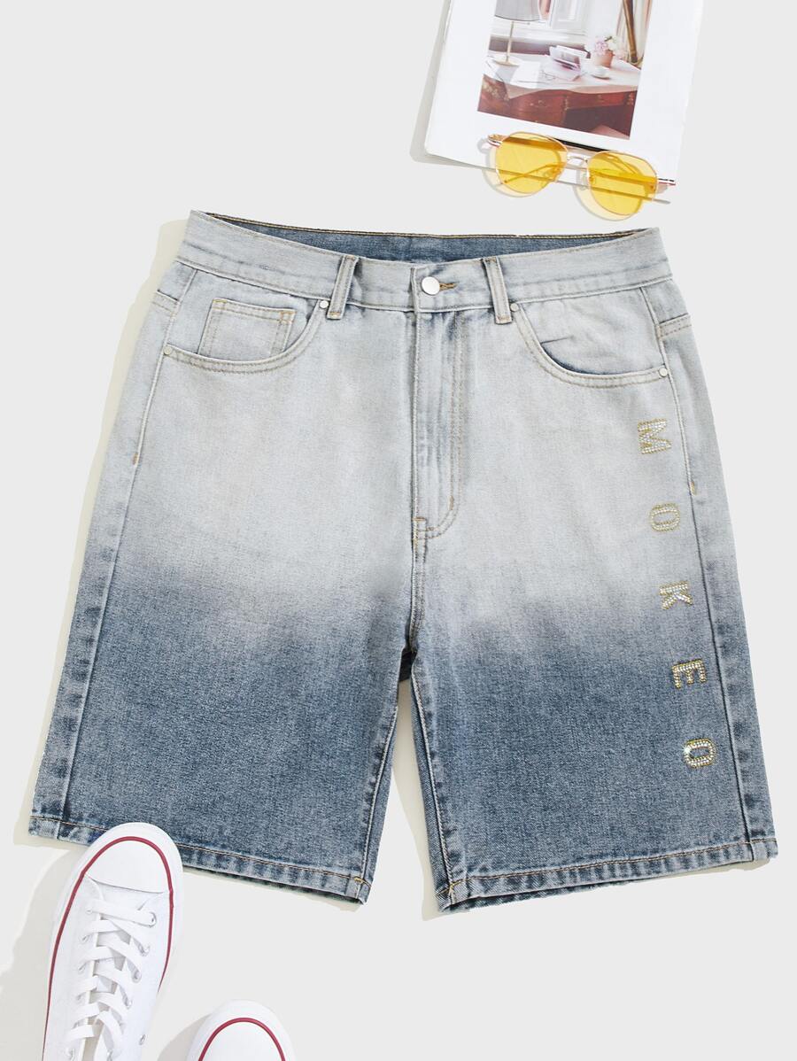 Manfinity Men Rhinestone Letter Graphic Ombre Denim Shorts - Multicolor - View 1