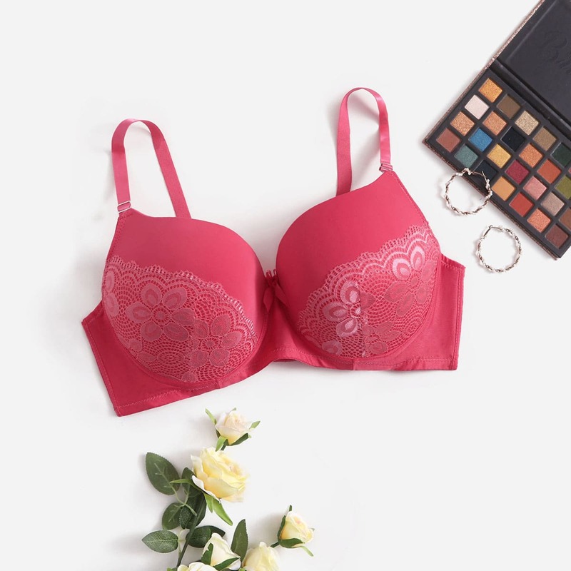 

Plus Contrast Lace Underwire Bra, Watermelon pink