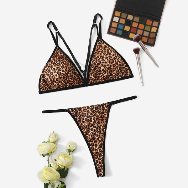 

Plus Leopard Print Contrast Binding Lingerie Set, Multicolor