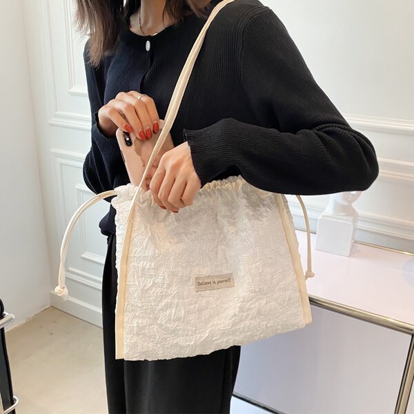 

Letter Patch Drawstring Tote Bag, White