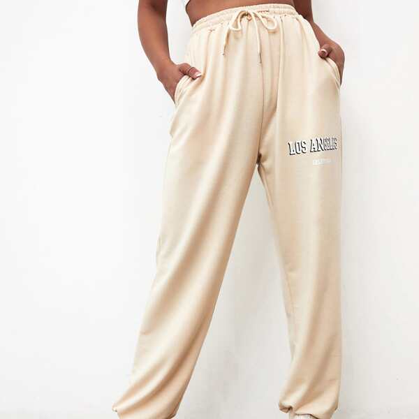 

Letter Graphic Slant Pocket Drawstring Waist Sweatpants, Apricot