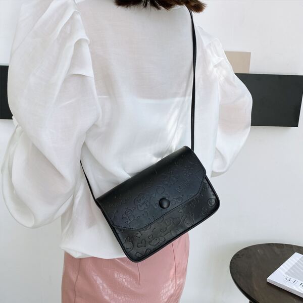 

Cartoon Embossed Flap Crossbody Bag, Black