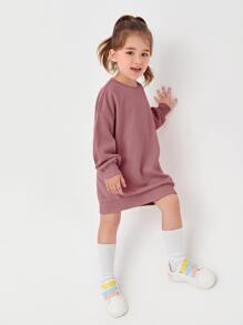 SHEIN Young Girl Basic Classic Round Neck Pullover Sweatshirt With Long Sleeves - Dusty Pink - View 3