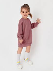 SHEIN Young Girl Basic Classic Round Neck Pullover Sweatshirt With Long Sleeves - Dusty Pink - View 5
