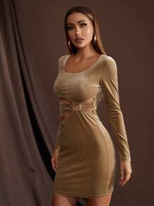 SHEIN Allurite 金屬圓環鏤空絲絨緊身洋裝 - 卡其色 - 查看 6