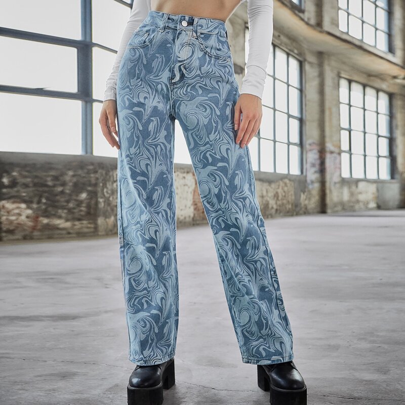 

High Waist Graphic Print Straight Leg Jeans, Multicolor