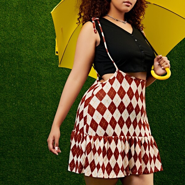 

Plus Argyle Knot Straps Ruffle Hem Overall Dress, Multicolor