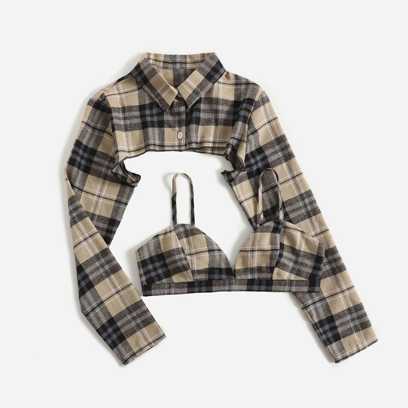 

Plaid Super Crop Blouse & Crop Cami, Multicolor