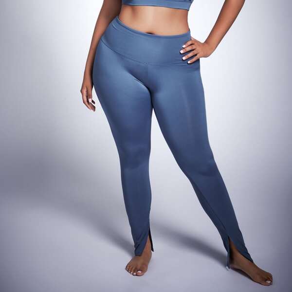 

Plus Slit Hem Sports Leggings, Dusty blue