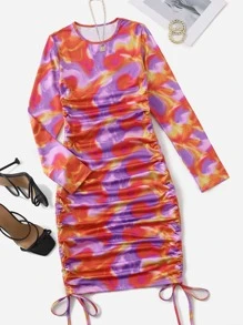 SHEIN 潑濺圖案褶邊抽繩打結緊身連衣裙 - 彩色 - 查看 1