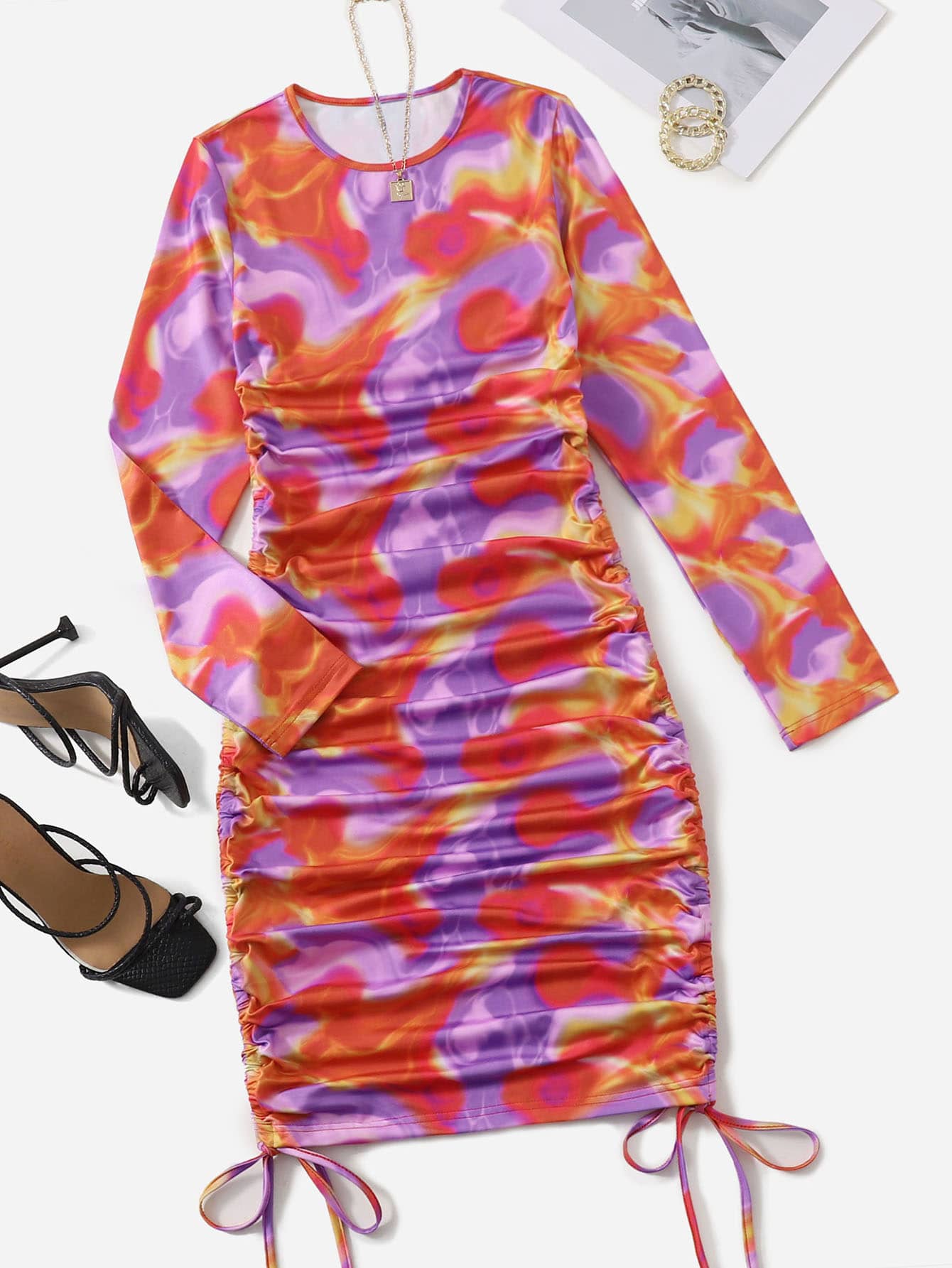 SHEIN 潑濺圖案褶邊抽繩打結緊身連衣裙 - 彩色 - 查看 1