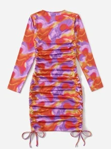 SHEIN 潑濺圖案褶邊抽繩打結緊身連衣裙 - 彩色 - 查看 2