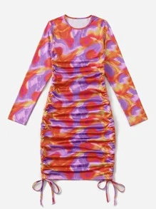SHEIN 潑濺圖案褶邊抽繩打結緊身連衣裙 - 彩色 - 查看 4