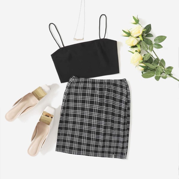 

Cami Crop Top & Plaid Print Skirt Set, Multicolor