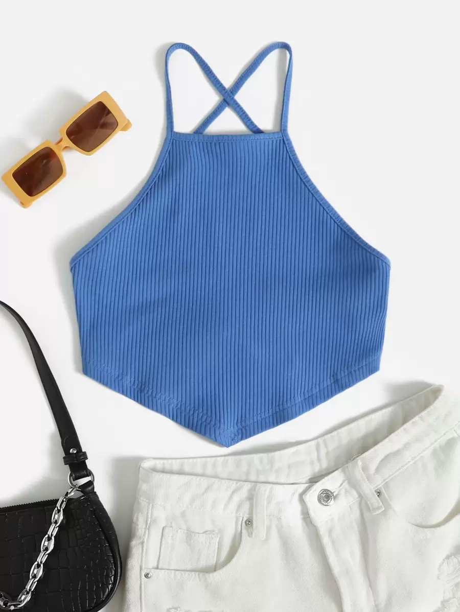 SHEIN EZwear 十字交叉綁結露背手帕上衣 - 寶藍色 - 查看 1
