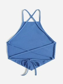 SHEIN EZwear 十字交叉綁結露背手帕上衣 - 寶藍色 - 查看 2