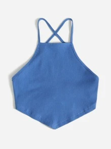 SHEIN EZwear 十字交叉綁結露背手帕上衣 - 寶藍色 - 查看 3