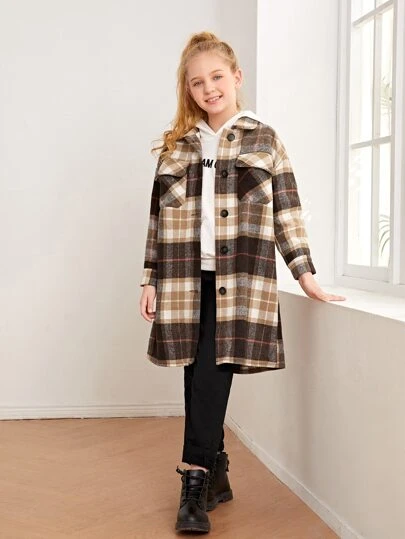 SHEIN Ficka Framsida Knappar Pläd Preppy Flickor Överdragskappor