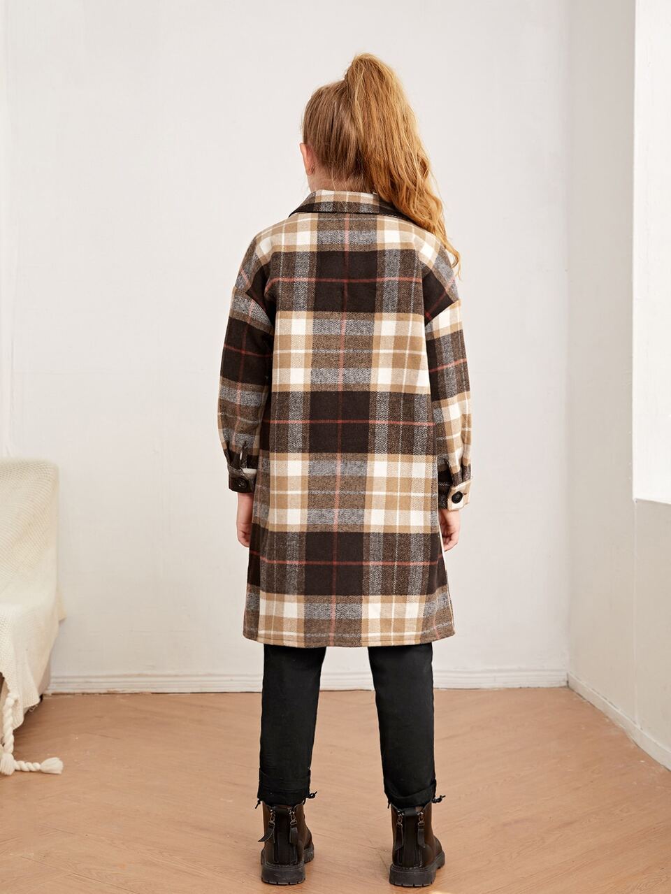 Girls Plaid Flap Pocket Drop Shoulder Coat