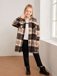 SHEIN 女孩格紋翻蓋口袋落肩袖外套