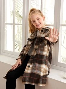 SHEIN 女孩格紋翻蓋口袋落肩袖外套