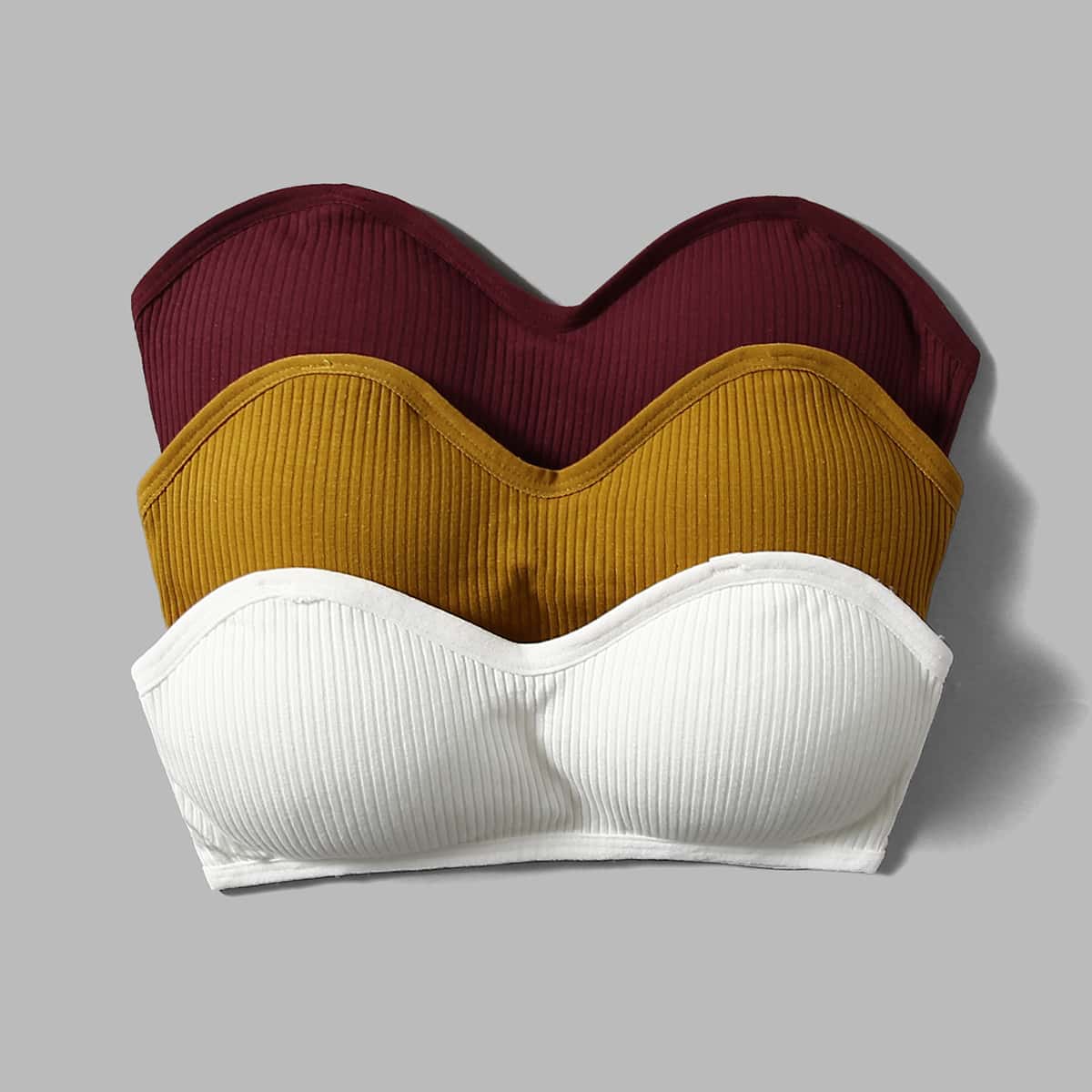 

3pack Solid Rib Bandeau Bra Set, Multicolor