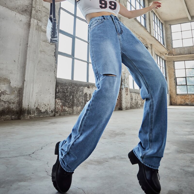 

High Waist Ripped Straight Leg Jeans, Medium wash