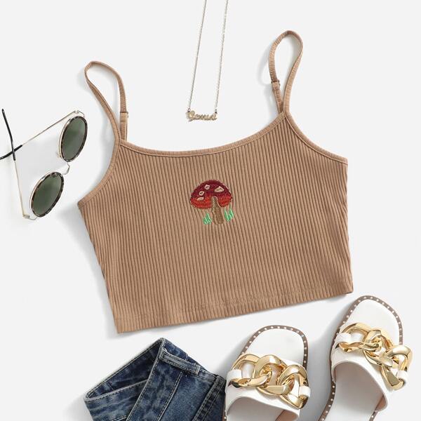 

Mushroom Embroidery Rib-knit Cami Crop Top, Khaki
