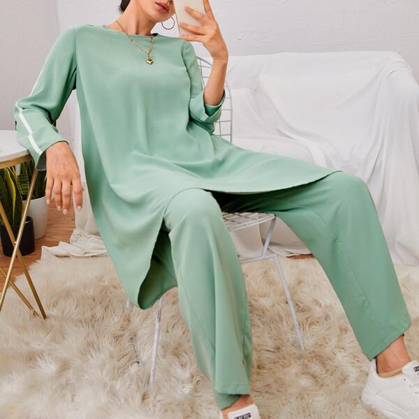 

Striped Tape Keyhole Back Top & Pants, Green