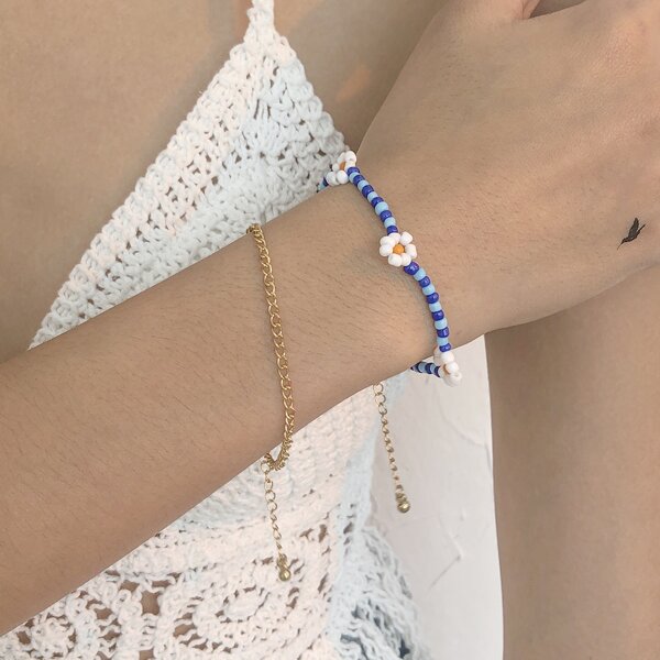 

2pcs Flower Decor Beaded Bracelet, Blue