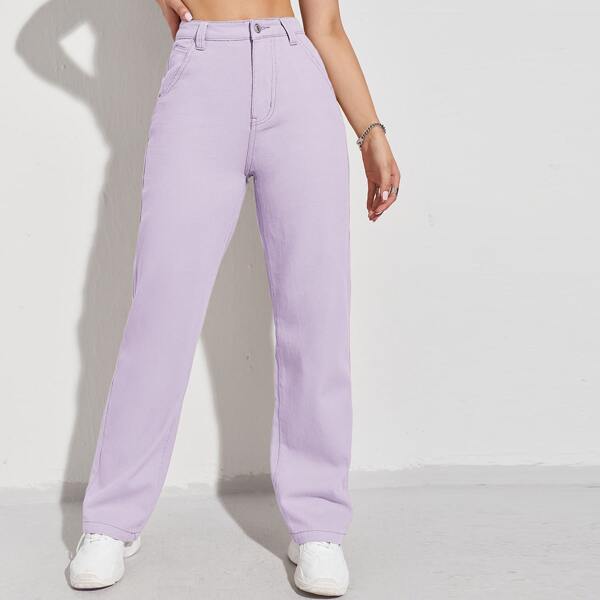 

High Waist Straight Leg Jeans, Lilac purple