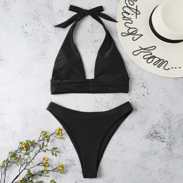 

Solid Halter Bikini Swimsuit, Black