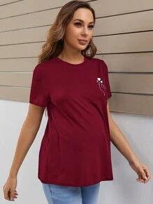 SHEIN Áo thun Bà bầu Con số Tim Giải trí - Màu Đỏ Sâu - Xem 3