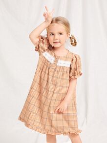 SHEIN 小女童格紋泡泡袖荷葉邊洋裝
