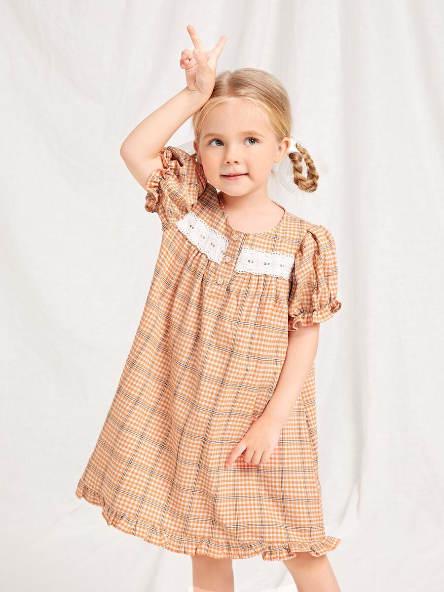 SHEIN 小女童格紋泡泡袖荷葉邊洋裝
